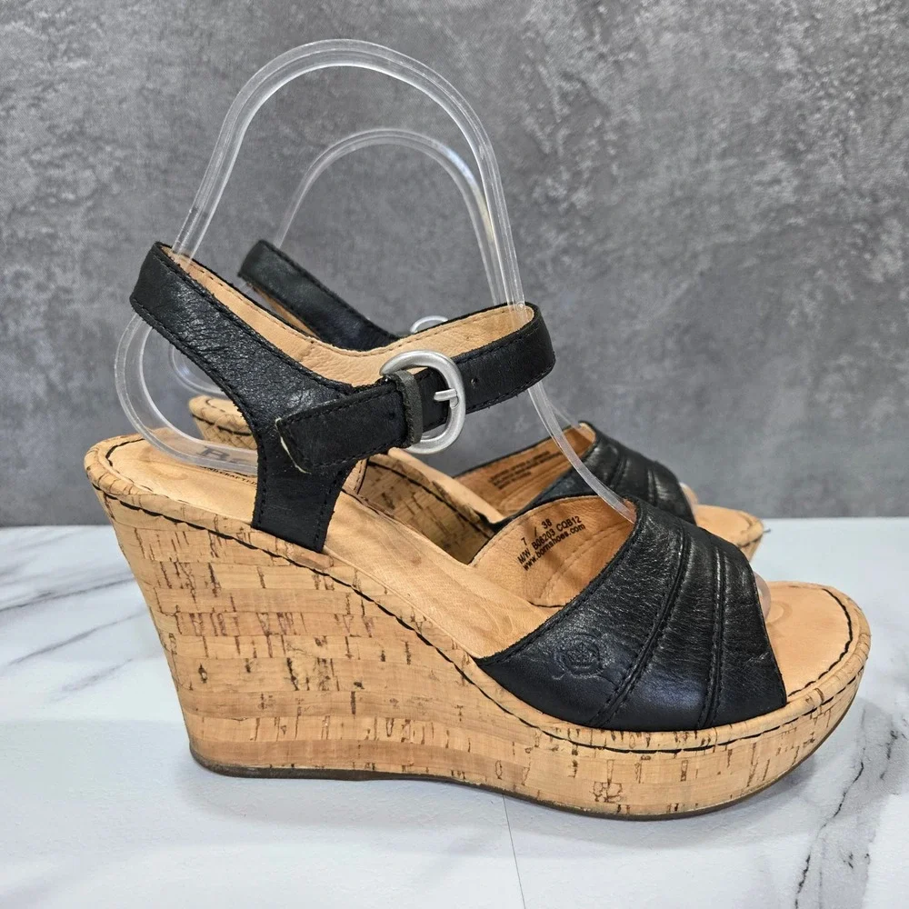 Born Womens 7 Black Leather Slingback Cork Wedge Sandals Comfort Shoes Platform